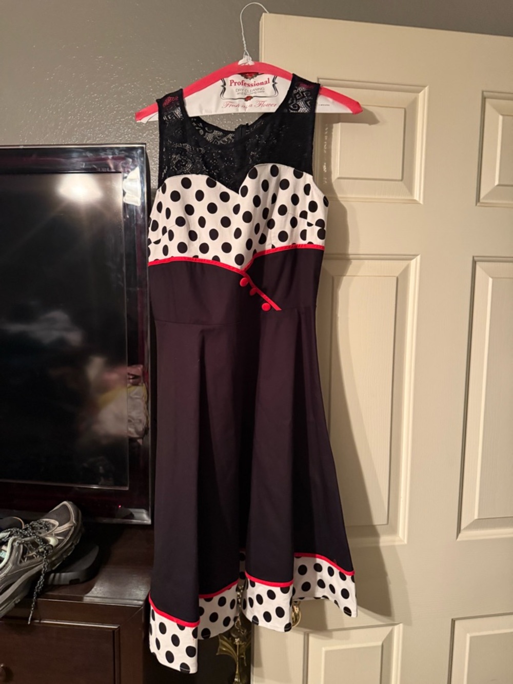 Classic Black Polka Dot Fit & Flare Dress with Pink Trim